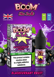 A product image featuring a bottle of Boom Nic Salt E Liquid with a blackcurrant flavor theme, including a splash of liquid and branding elements.
